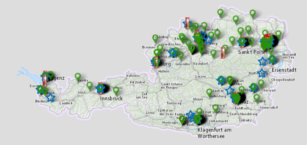 Screenshot Österreichkarte mit markierten Verwaltungspreis-Projekten